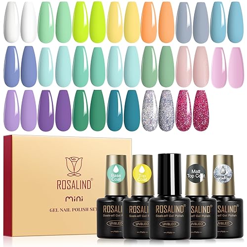 ROSALIND Juego de 35 esmaltes de uñas de gel, colección de esmaltes de gel rosa, rojo, gelatina blanca, juego de inicio de verano, esmalte de uñas