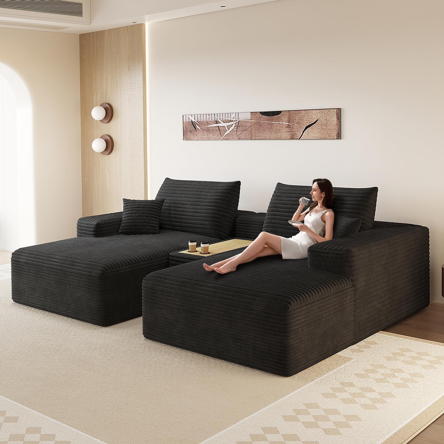 91''Oversized Double Lounge Chaise Sofa Bed with Side Table, Boneless Cloud Couch Deep Seat, No Assembly Required, Modern Corduroy Sleeper Loveseat Chair for Living Room Bedroom Reading(Black)