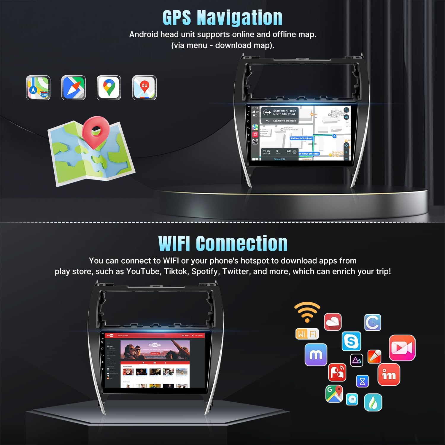 Screenshots showing GPS navigation with various map apps and the WiFi connection interface for downloading applications.