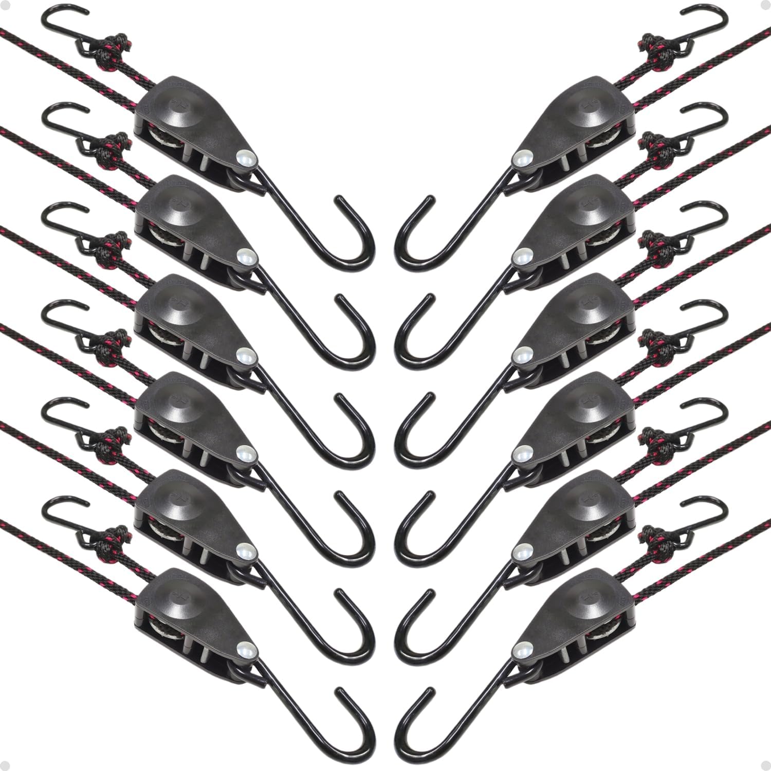 1/4" Heavy Duty Retractable Rope: 12 Pack of Tie Down Ratchet Straps - Works Well for Kayak or Boat