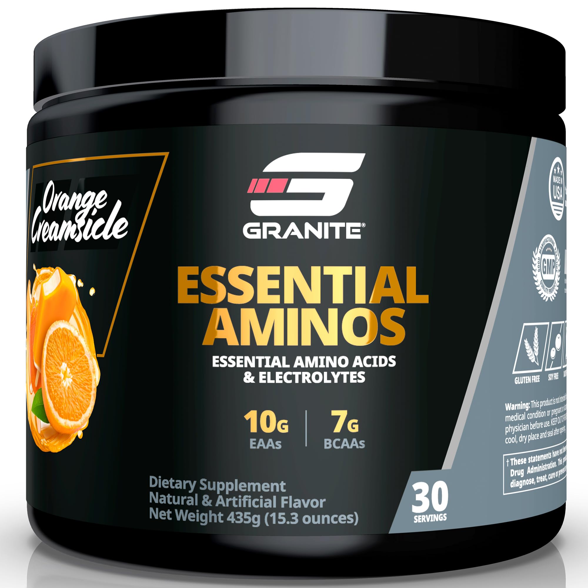 Granite Essential Amino Acids Powder for Muscle Recovery and Growth with 10g EAAs and 7g BCAAs - Soy-Free, Gluten-Free, 448g (30 Servings), Orange Creamsicle Flavor