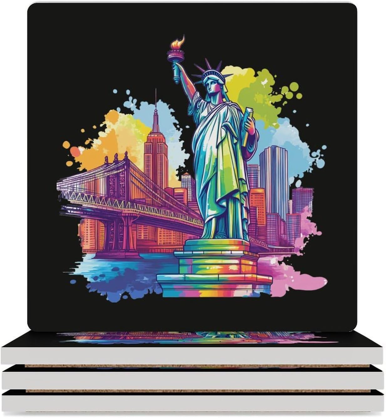 New York City Skyline Colorful Coasters for Drinks Square Table Coasters Set Cup Mats with Cork Base