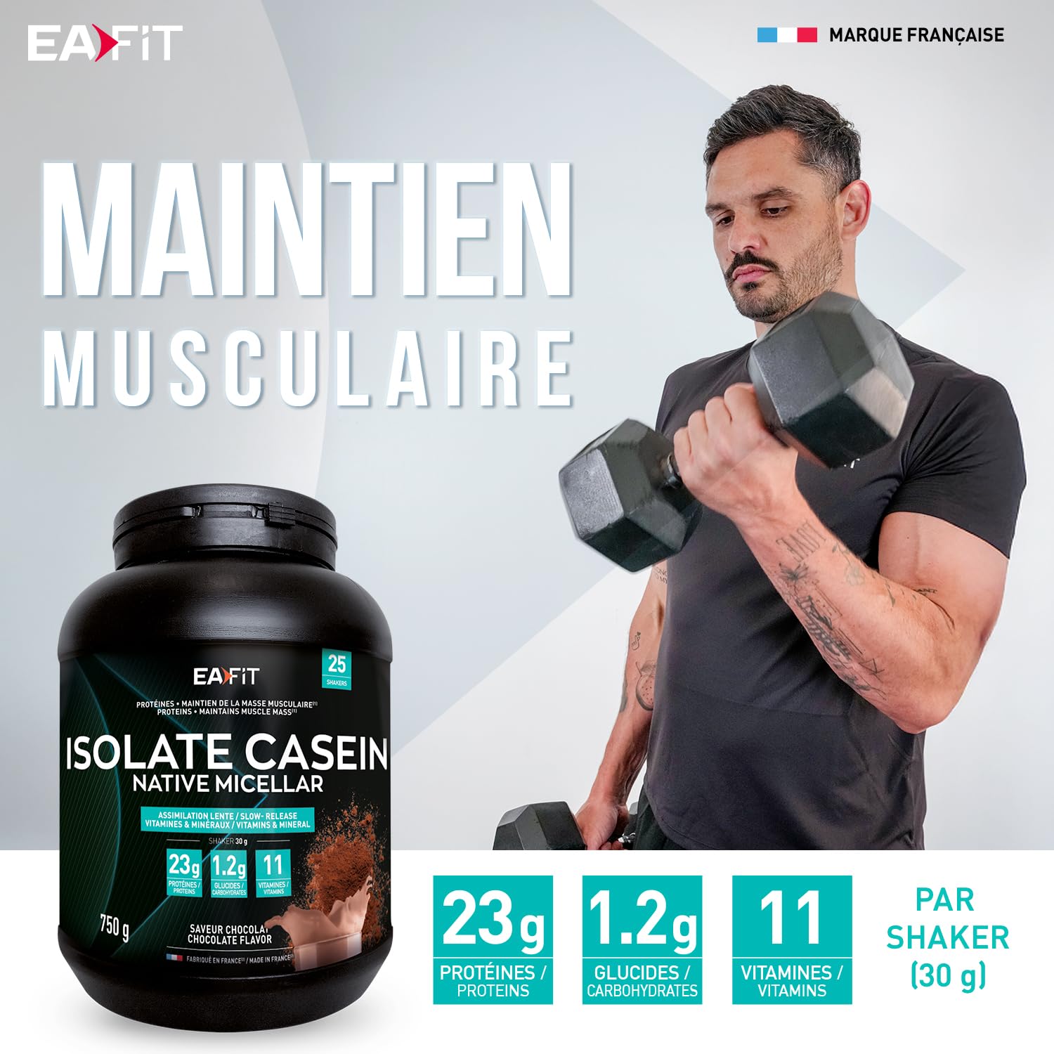 EAFIT | ISOLATE CASEIN NATIVE 750g | Assimilation lente caseine 100% micellaire + Vitamines et Minéraux (magnesium) | Riche en proteine | En poudre à mélanger dans un shaker pour le sport | Chocolat
