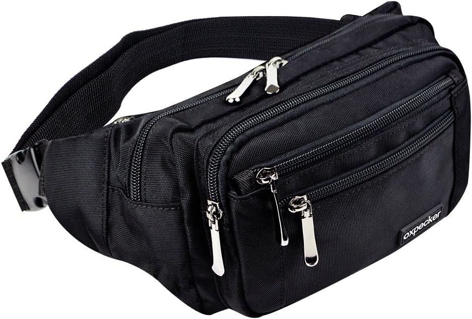 Oxpecker Waist Pack Bag with Rain Cover, Waterproof Fanny Pack for Men&Women, Workout Traveling Casual Running Hiking Cycling, Hip Bum Bag (black)