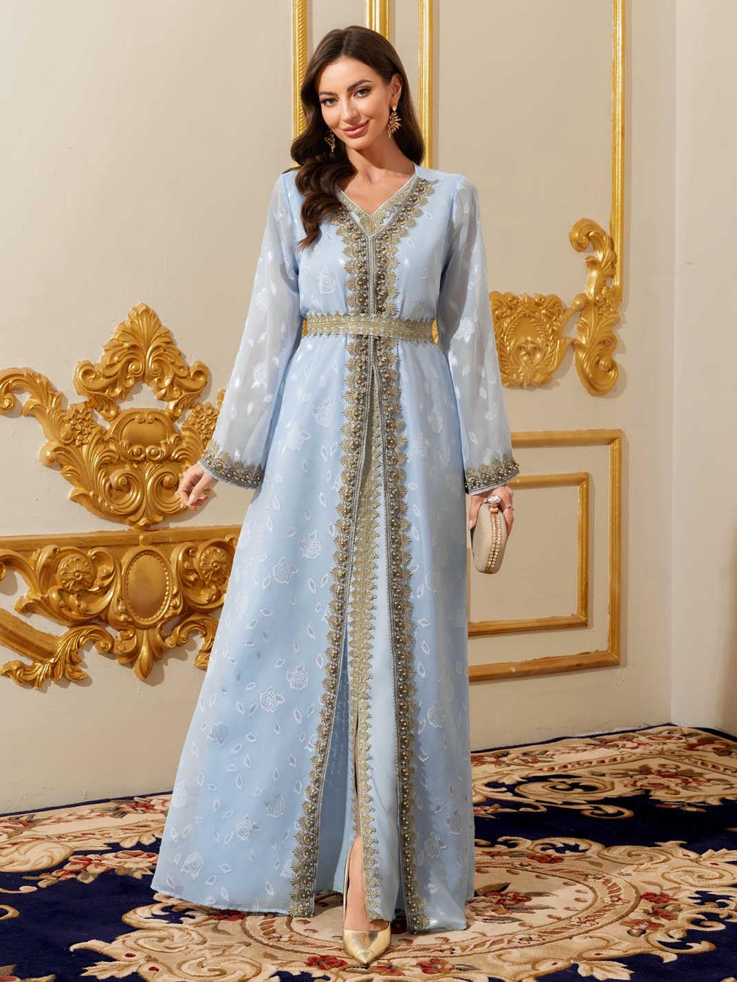 PLWEDDING Traditionelles muslimisches Kaftan Kleid,Blau mit Gold Stickerei,Lange Ärmel,V-Ausschnitt,Maxi Länge,Orientalischer Stil