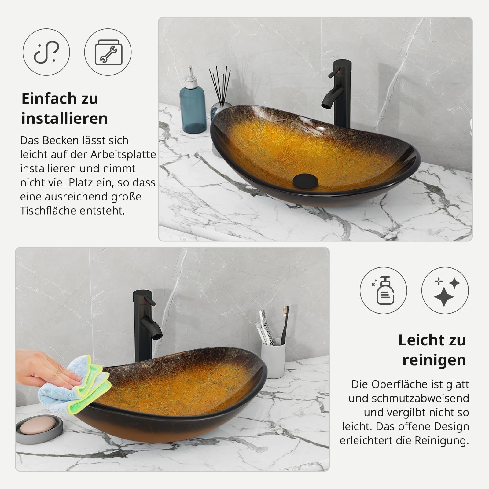 ZealWe Waschbecken Aufsatzwaschbecken Glas, Waschbecken Aufsatz Waschschale Oval für Badezimmer, Handwaschbecken Gäste WC 53 × 35 × 15 cm Waschtisch Waschplatz, Schwarz Gold