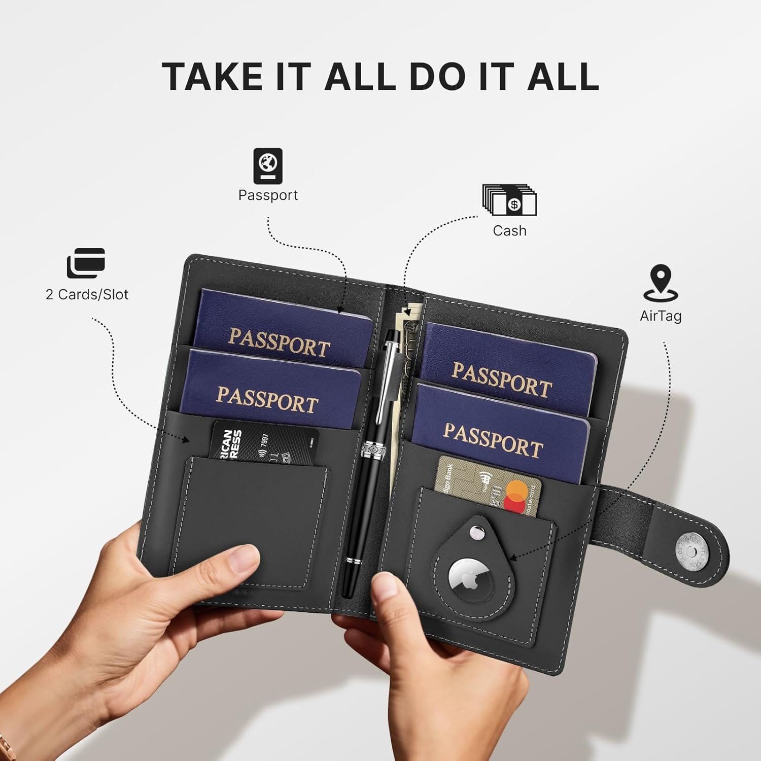 ALLIVE Passport Holder for Travel Family, Genuine Leather Passport Wallet with AirTag Slot, RFID Blocking Travel Document Organizer for Women & Men, Airport Essentials, Family Travel Gift (Black) - Image 6