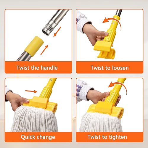 Miniatura 5 de Trapeador industrial profesional de alta resistencia con mango de 48 pulgadas de largo, mopas comerciales húmedas de algodón para limpieza de pisos,