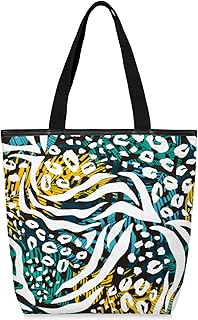 Sacolas de lona com zíper e bolso interno, bolsa de ombro feminina casual bolsa de mão com estampa abstrata de animal, bolsas de compras reutilizáveis de cozinha, bolsas de lona para uso para sacolas de livros, sacolas de compras, sacolas de presente, Multicor