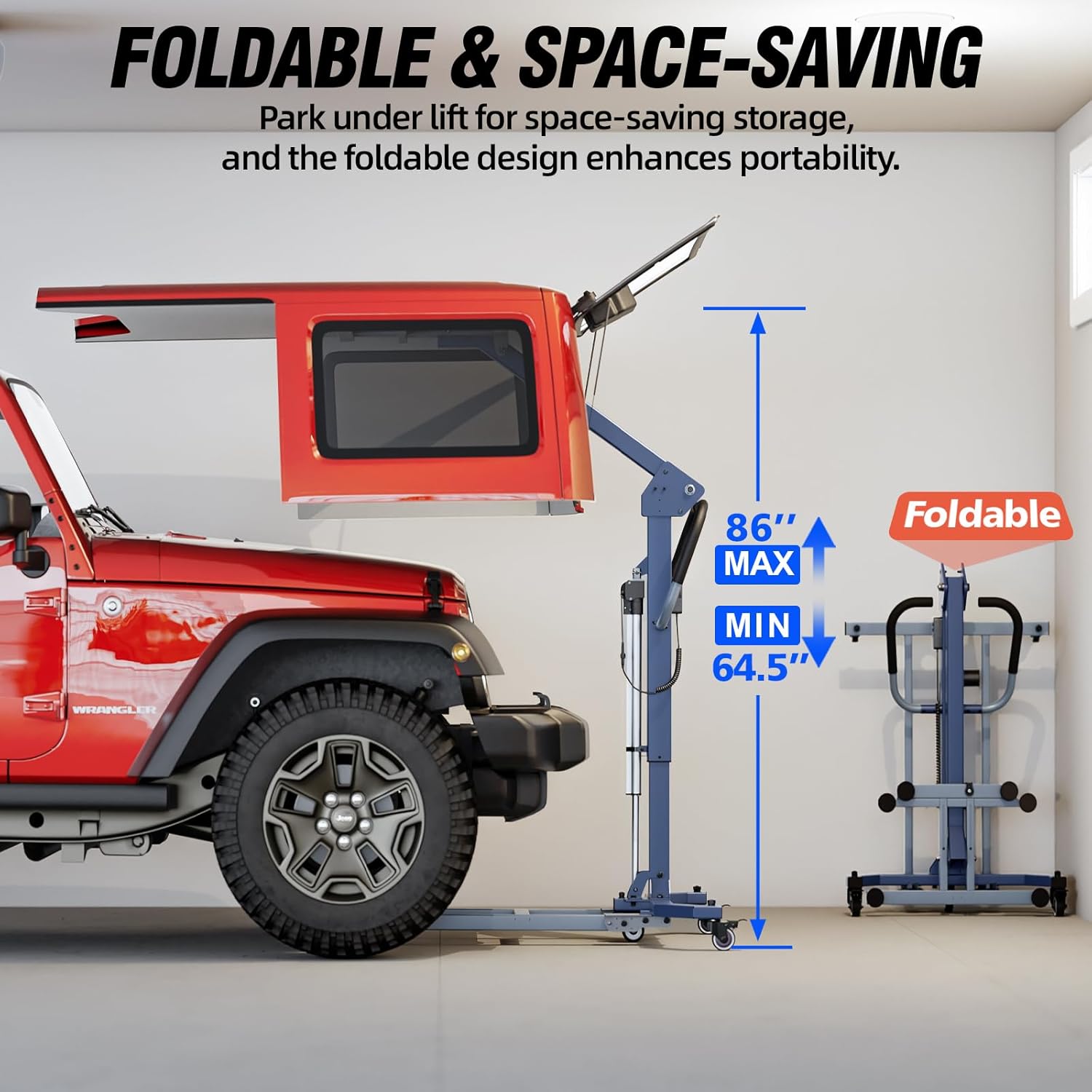 Electric Hard Top Removal Lift for Jeep Wrangler 2007-Present JK TJ JKU JL JLU 2&4 Door, Foldable Jeep Top Remover Lift with Remote Controller,Effortless One-Person Operation in Minutes,Patent Pending