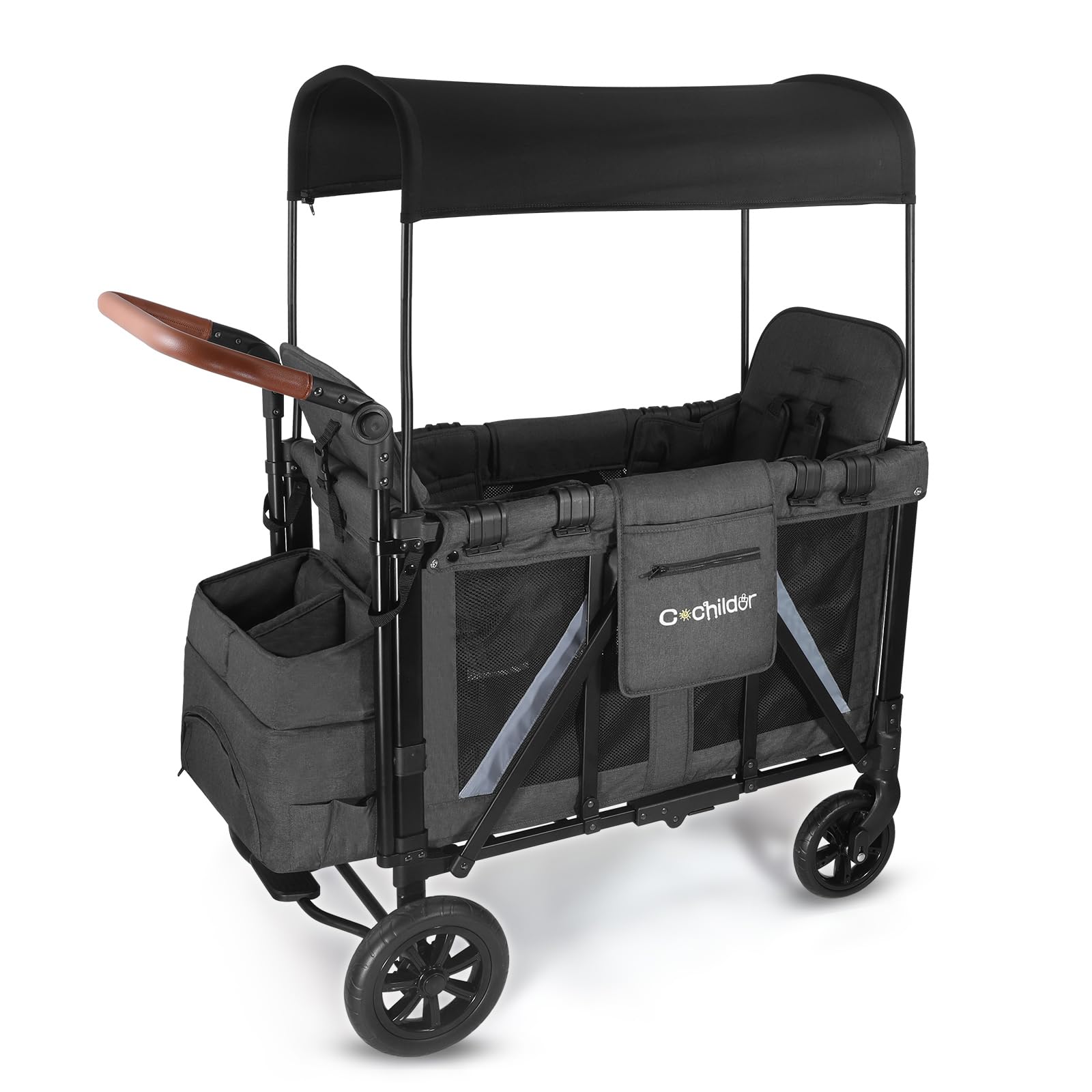 Cochildor Elite 2S 2-Seater Wagon Stroller for Kids – One-Hand Fold Design, High Seats with 5-Point Harness, Adjustable Handlebar, Removable Canopy & Compact Storage, Dark Grey