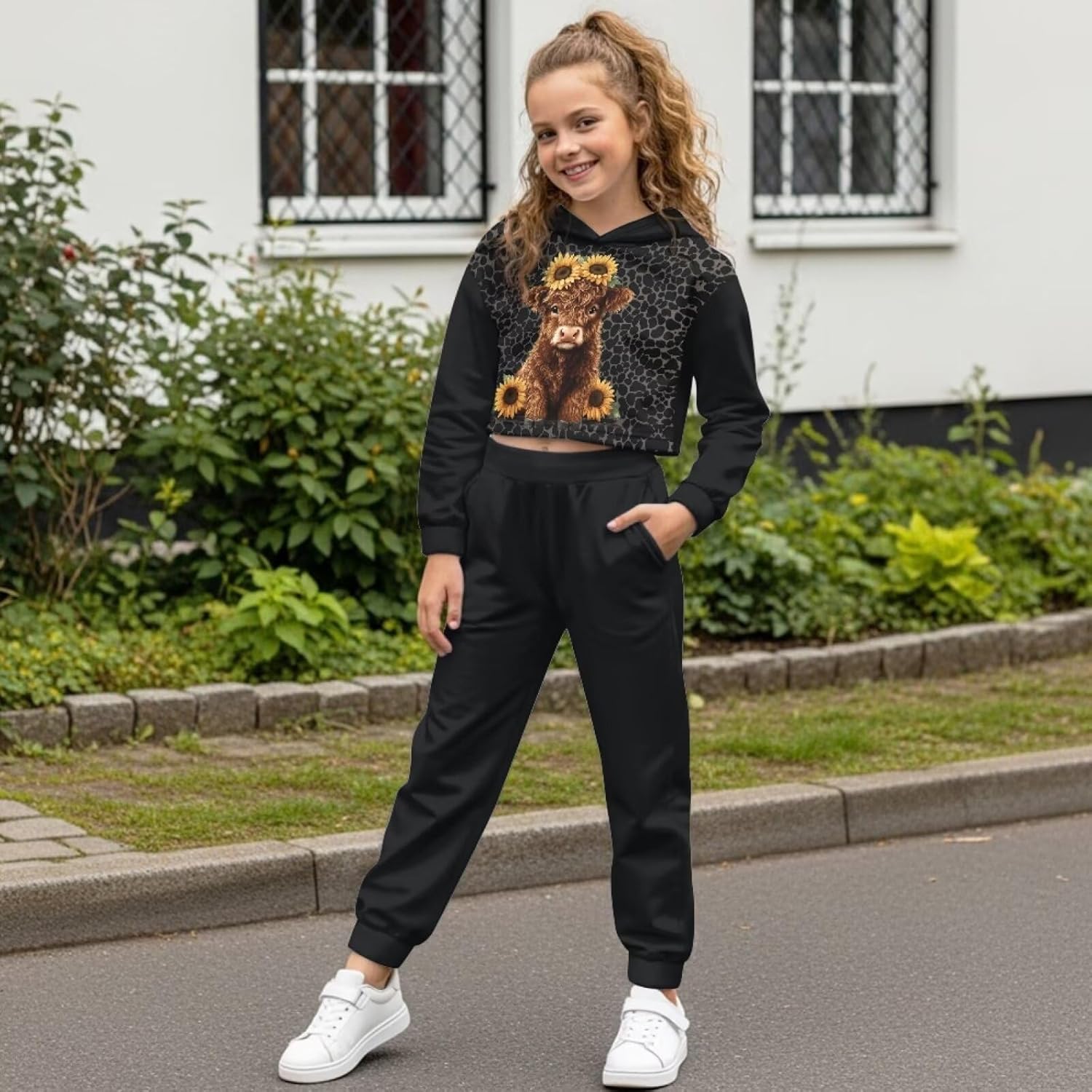 Girls Sweatsuit and Sweatpants Long Sleeve Crop Tops Girls Athletic Sets Pullover Sweatshirts