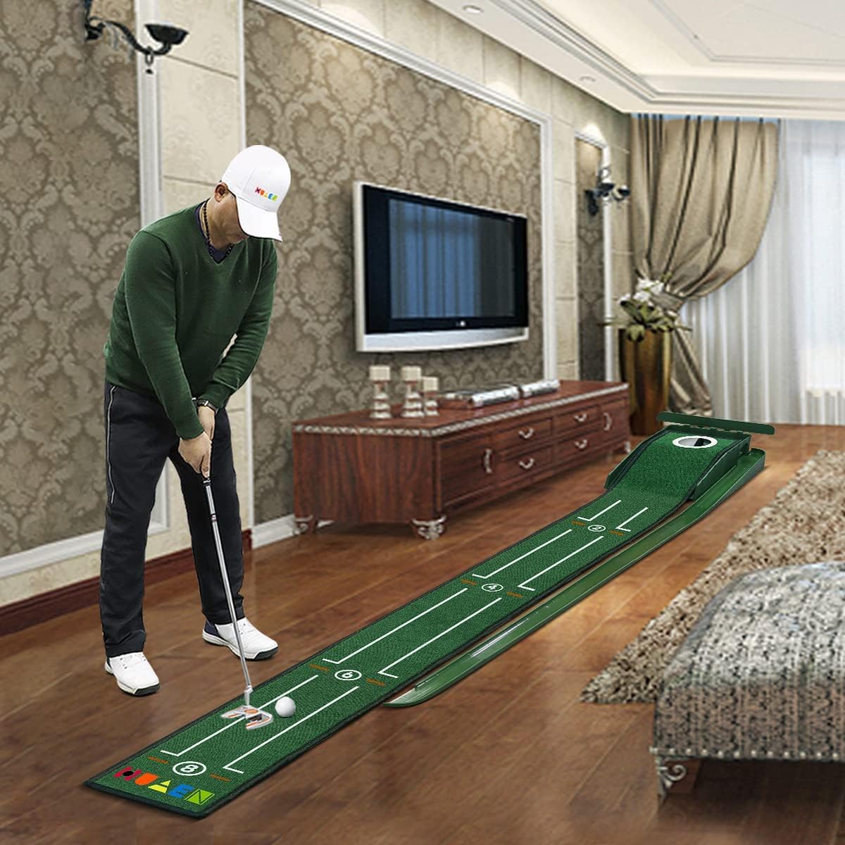 juego de putting green interior, tapete largo con retorno automático, ideal para oficina y casa