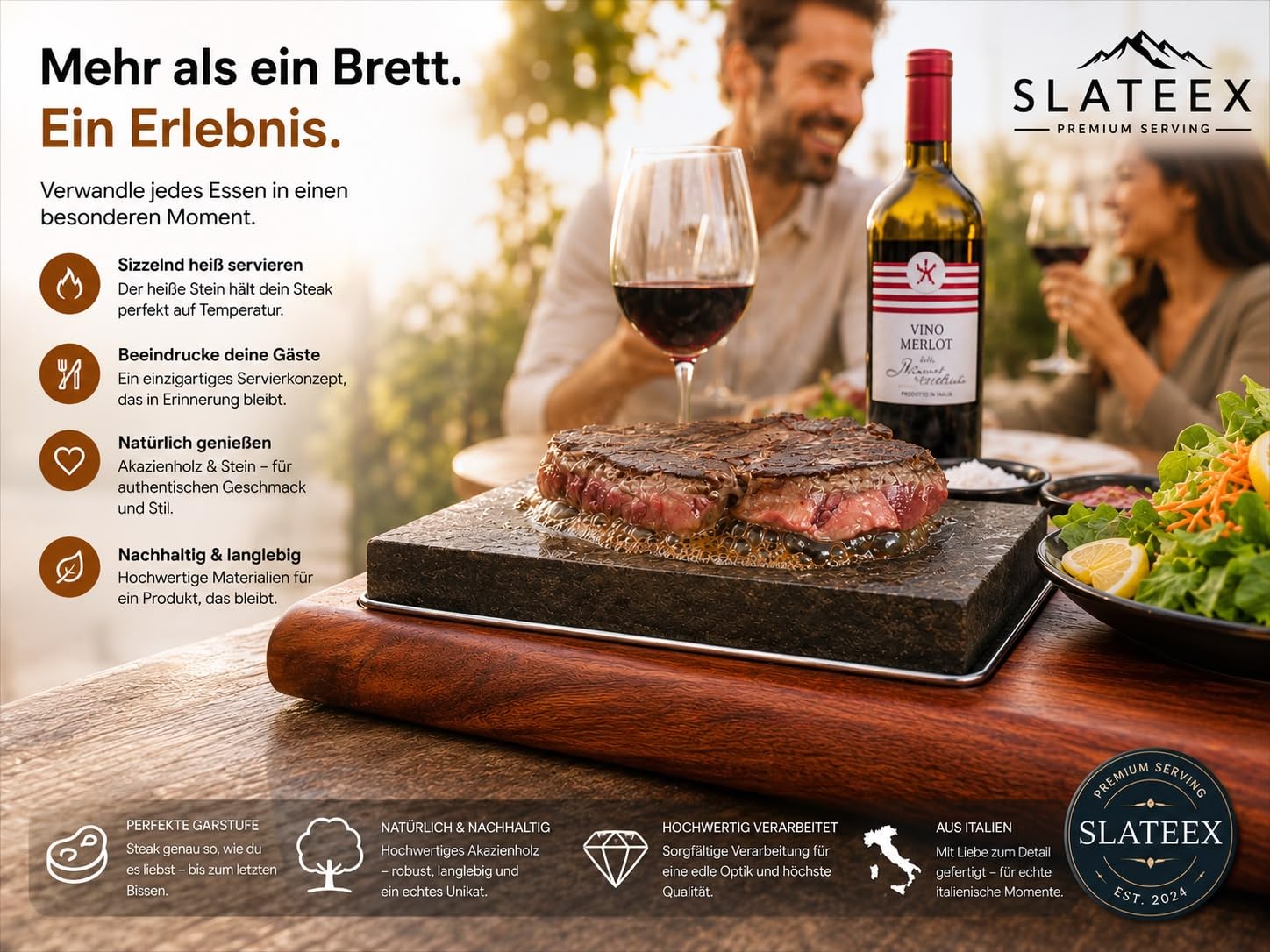 Piedra para Cocinar de Esteatita – Piedra para Carne con Tabla de Acacia, Bandeja de Acero Inoxidable y 3 Cuencos – Parrilla de Mesa para Carne, Pescado y Verduras