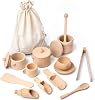 13 Pcs Montessori Wooden Tea Set Toys Sensory Bin Tools, Kids Pretend Kitchen Play Accessories for Preschool Toddlers