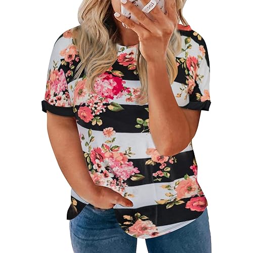 BLENCOT Womens Plus Size Summer Casual Color Block Short Sleeve Crew Neck/V Neck Tee Tops 1X-5X