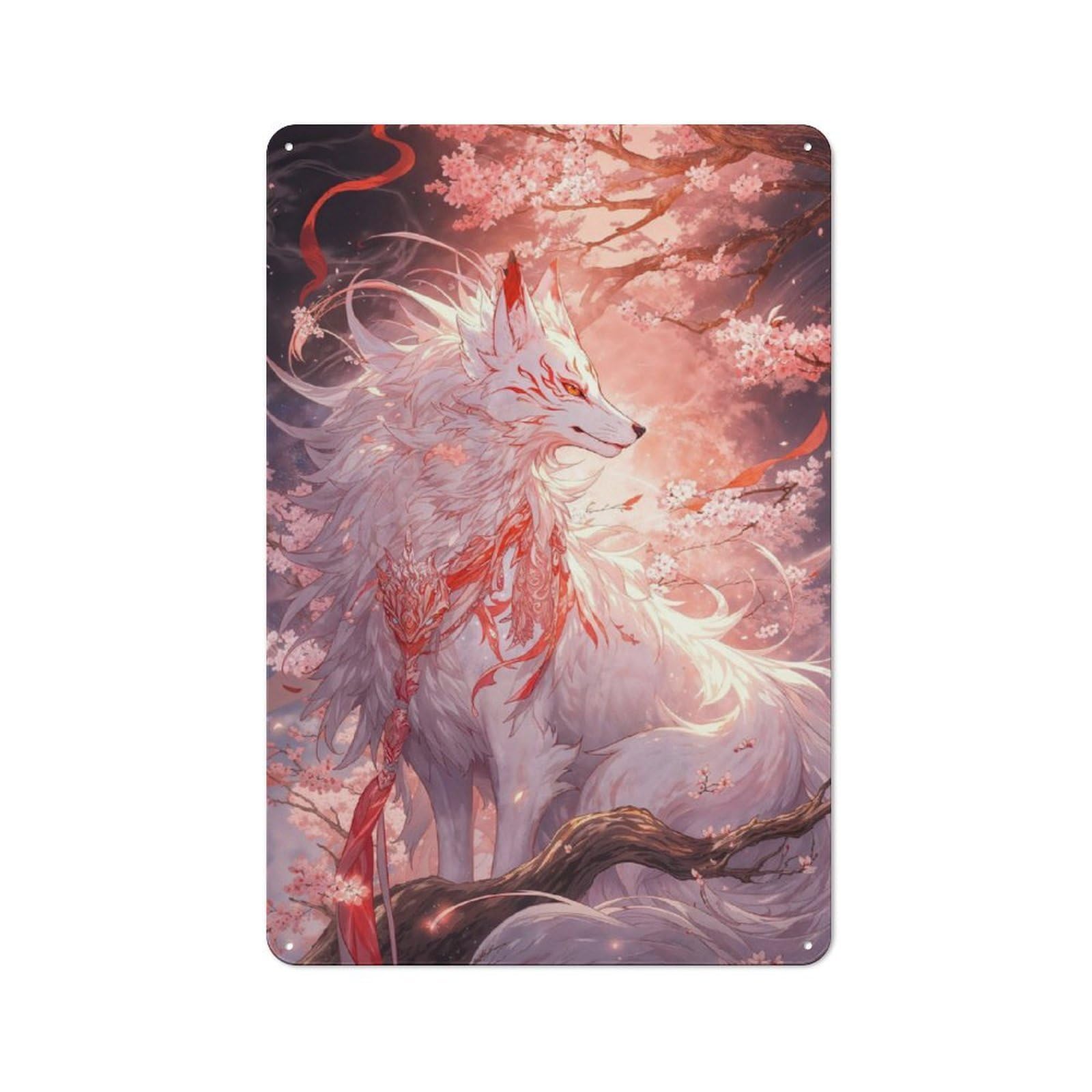 Junmoney White Kitsune Of Sakura Metal Plaque 30X20cm With For Workshop Wall, Retro Decor, For Garage, Workshop And Man Cave Decoration