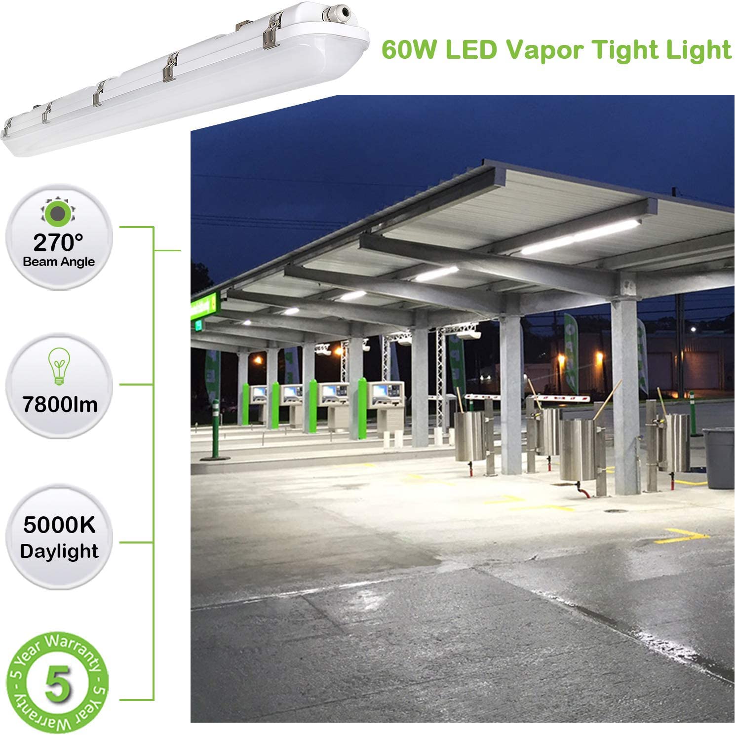 Buy 4FT LED Vapor Tight Light, 60W 7800lm Vapor Proof Parking Garage