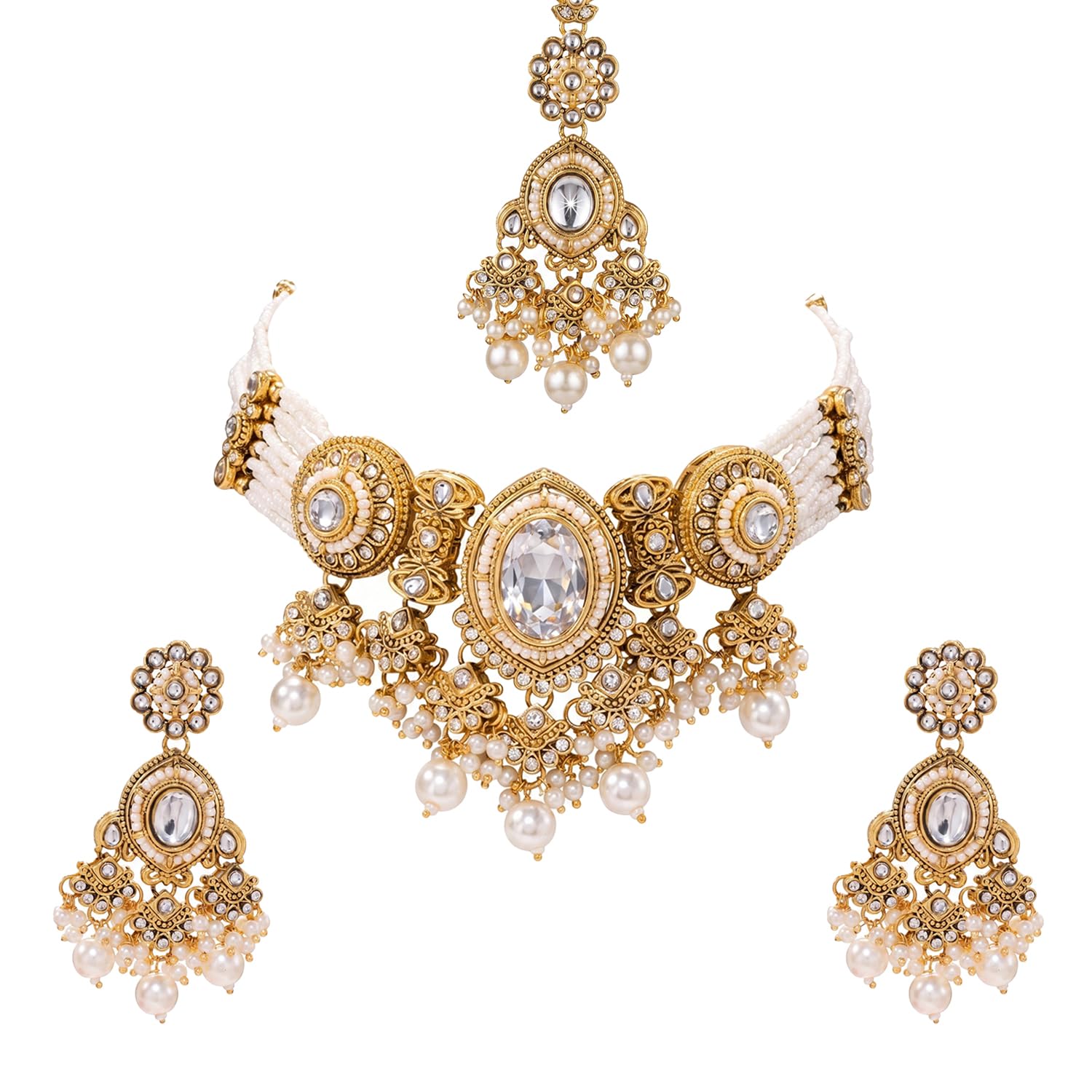 peora Gold Plated Ethnic White Necklace Earrings Maangtikka Set for Women | Kundan Crystal & Beads Studded | Festive & Bridal Jewellery | Gift for Her-picture-17