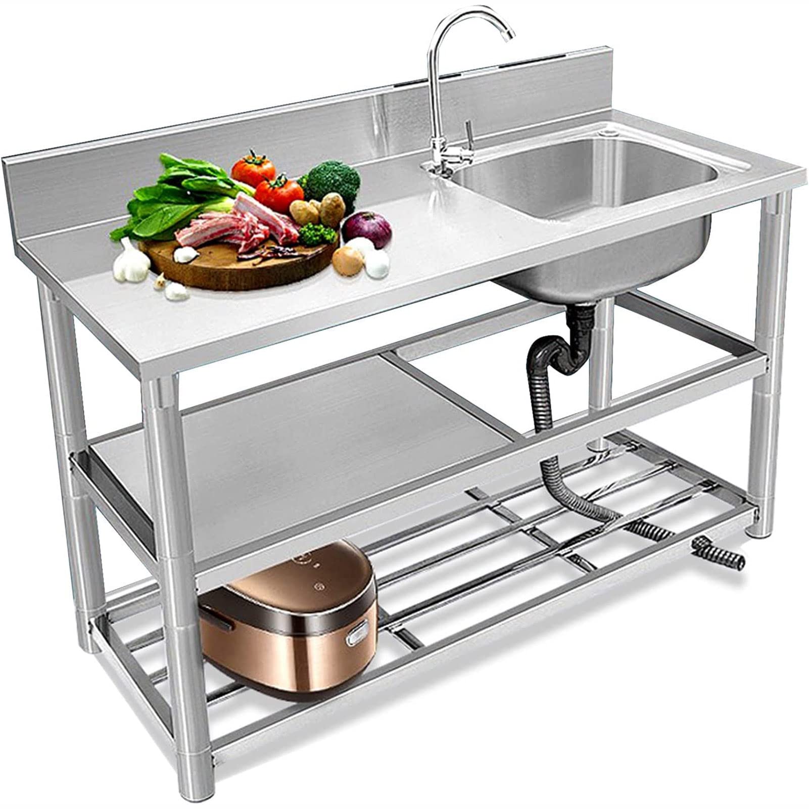 Fregadero de cocina de acero inoxidable con mesa derecha y grifo completo