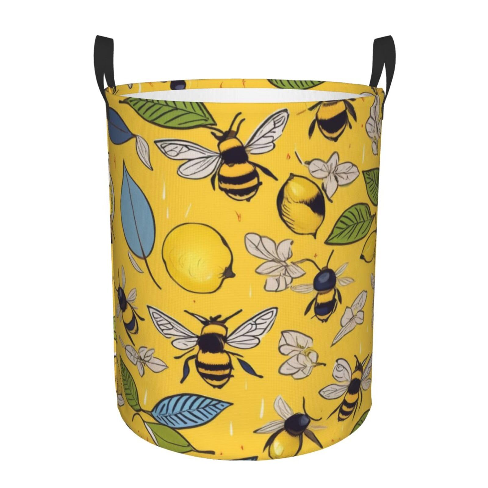 Laundry Hamper Basket Yellow Lemon And Bee Round Waterproof Dirty Clothes Hamper, 58l Laundry Baskets With Handles, Nursery Hamper, Storage Basket For Toys Bin,Pillows, Blankets