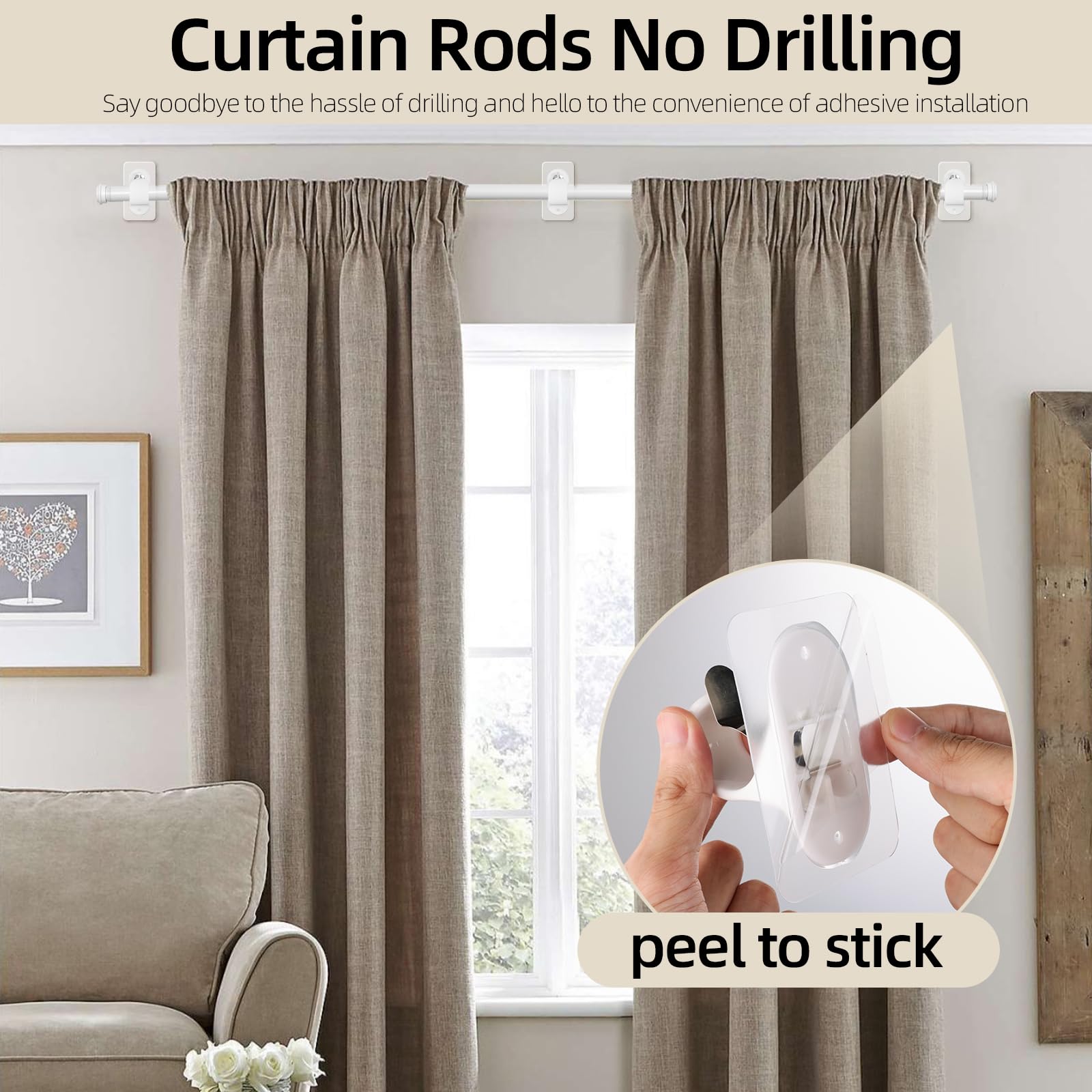 White Curtain Rod Set for Windows 32-77 Inch, Adjustable Heavy Duty Curtain Rod Set, 1 Inch Diameter Decorative Curtain Rods Kit with 2 No Drill Curtain Rod Holders