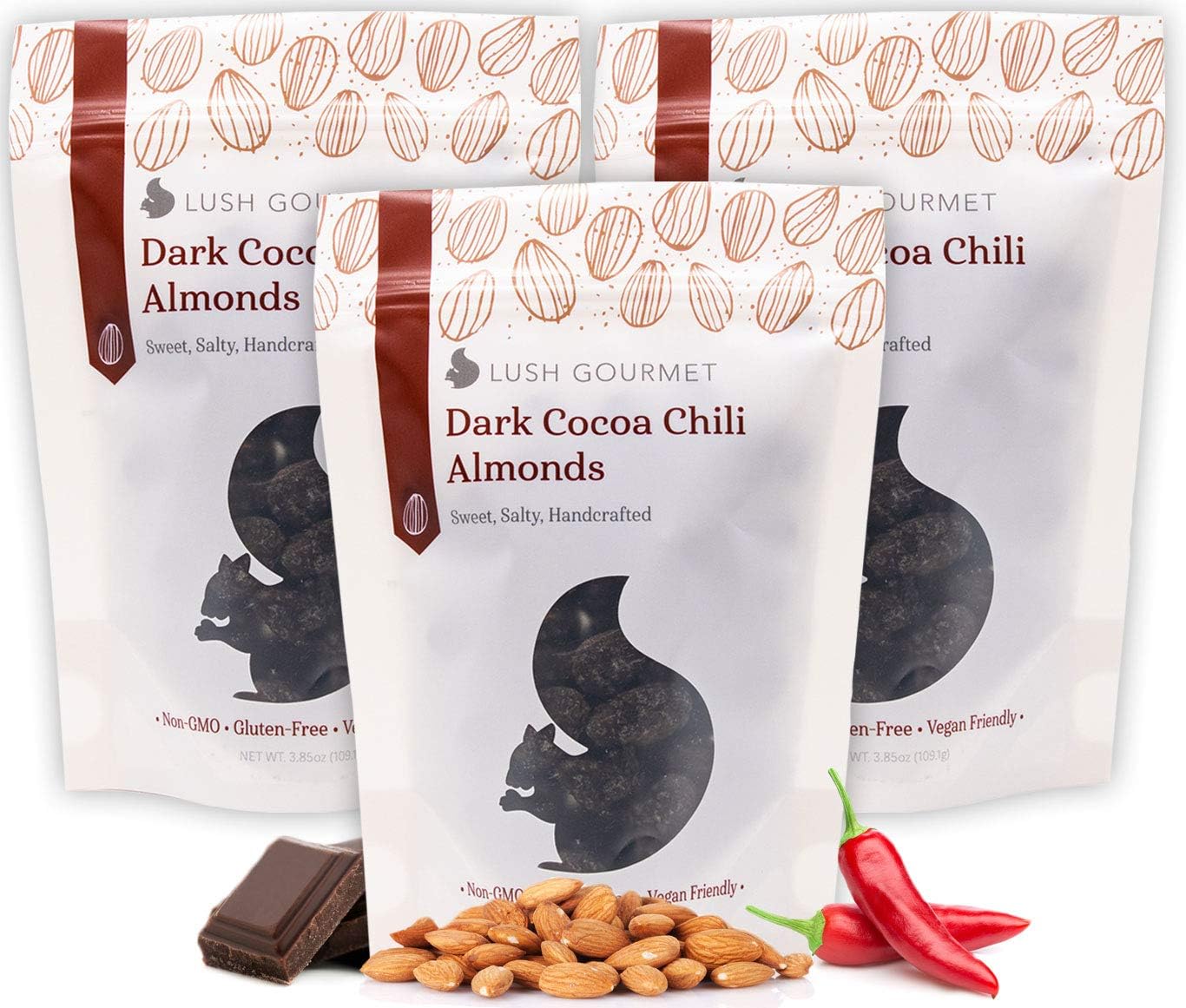 Lush Gourmet Dark Cocoa Chili Almonds - Salted Almonds with Dark Cocoa, Cane Sugar & Chili - Healthy Snacks Free of Cholesterol, Trans-Fats, Soy & Gluten - Vegan Almond Treats - 11.5 oz