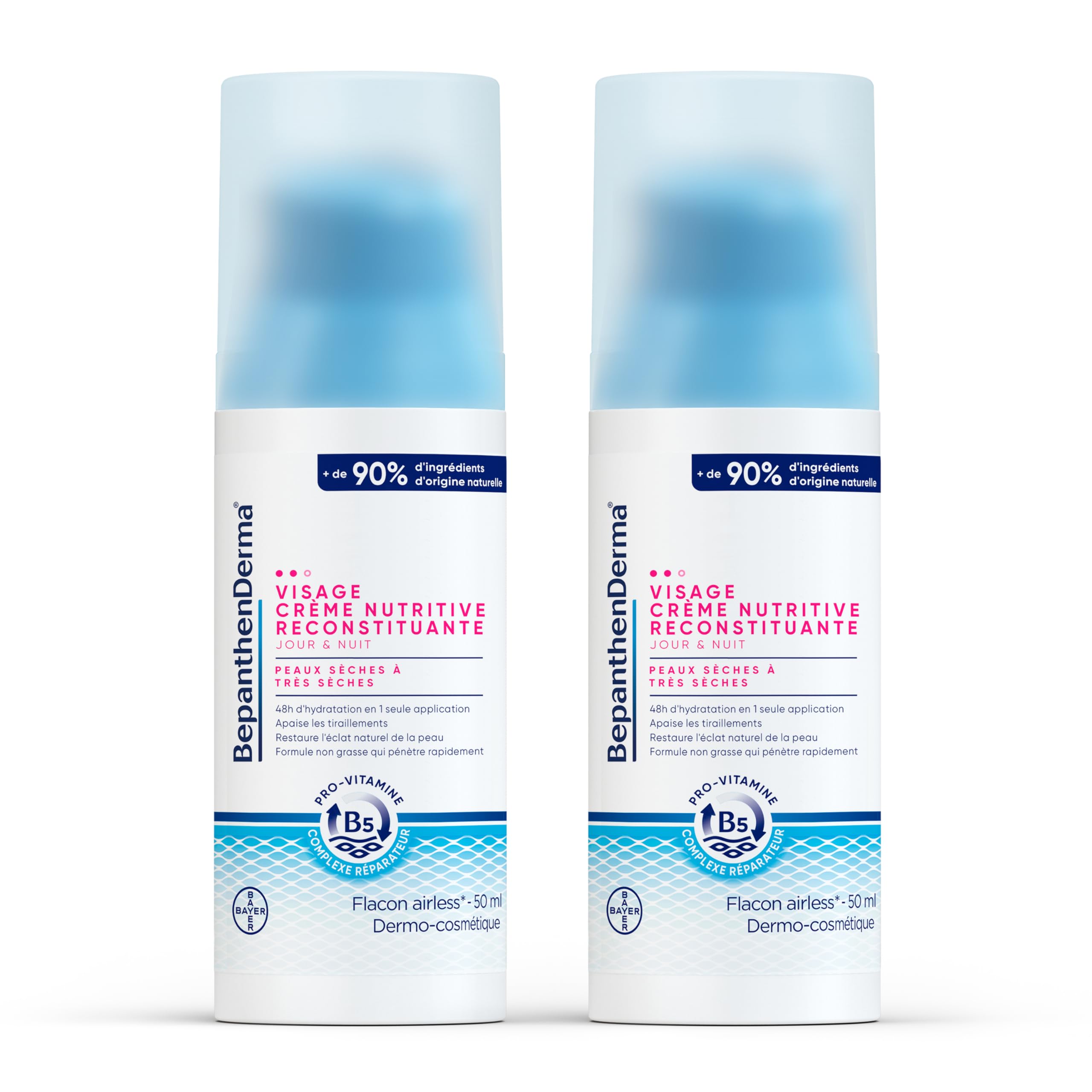 BepanthenDerma® Crème Hydratante Visage Peaux Sèches - 2x50 ml Crème Nutritive R
