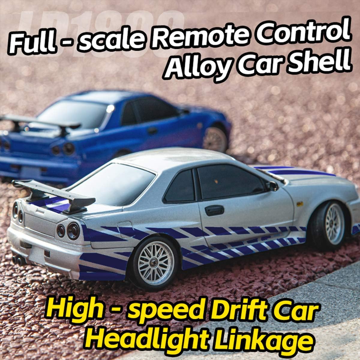 RC Drift Car z żyroskopem, skala 1/18, 2,4 G, 3-kanałowy, metalowy nadwozie, model samochodu z podnoszonymi reflektorami, świetny prezent dla nastolatków i dorosłych (wersja gyro RTR/srebrny)