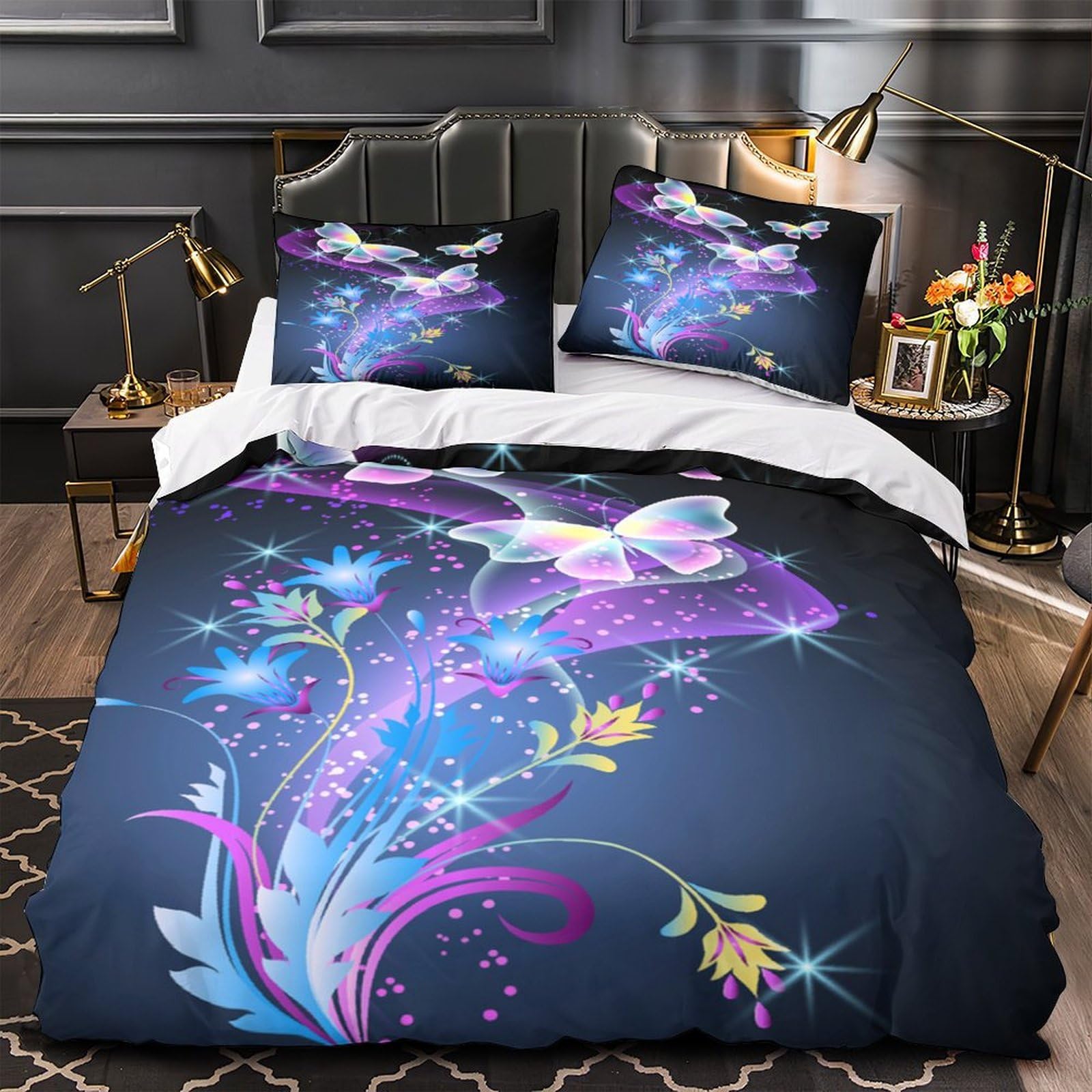 Housse de couette papillons lumineux en microfibre 135x200 cm avec taie d'oreiller
