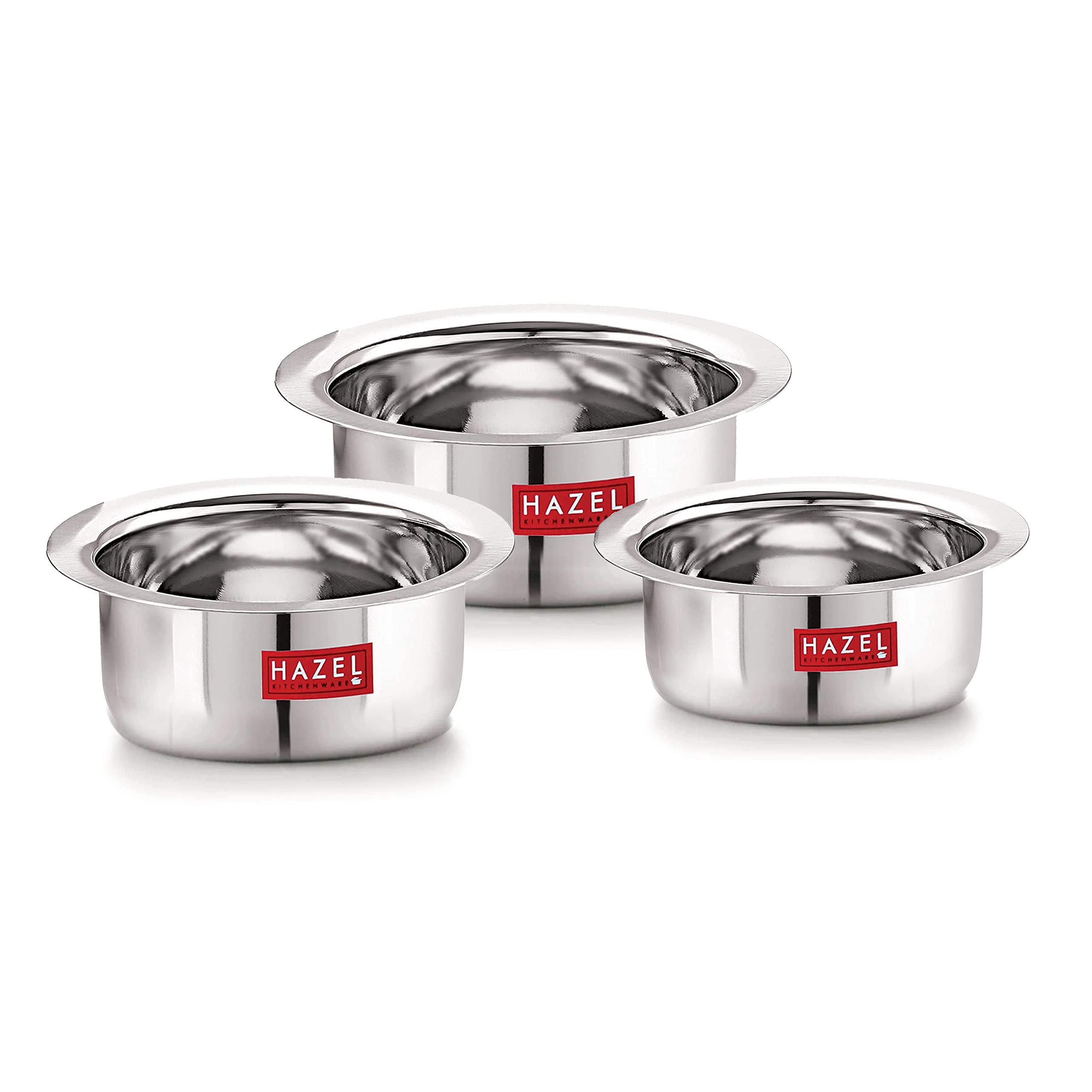 HAZEL Small Utensils Set for Kitchen | Set of 3 (300 ml, 500 ml & 800 ml) Small | Stainless Steel Mini Tope Set with Flat Bottom | Boiling Vessels, Multipurpose Steel Bhagona (B01M9A6717) Amazon Price History, Amazon Price Tracker