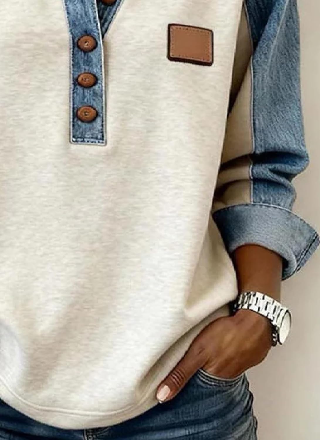 Women's 2025 Fall Denim Patchwork Long Sleeve Pullover Tops Casual Button Down Collar Sweatshirt Loose Fit Shirt - Image 4