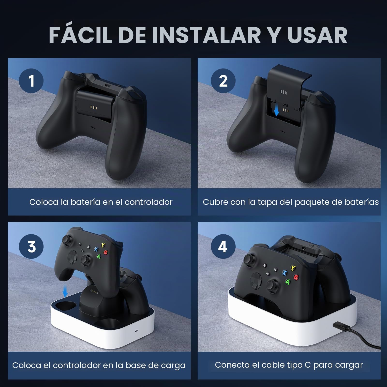 NEWDERY Base de Carga para Mando Xbox, 2 baterías Recargables de 1100 mAh para Xbox One/Series X|S, estación de Carga rápida con 4 Cubiertas de batería, Color Blanco