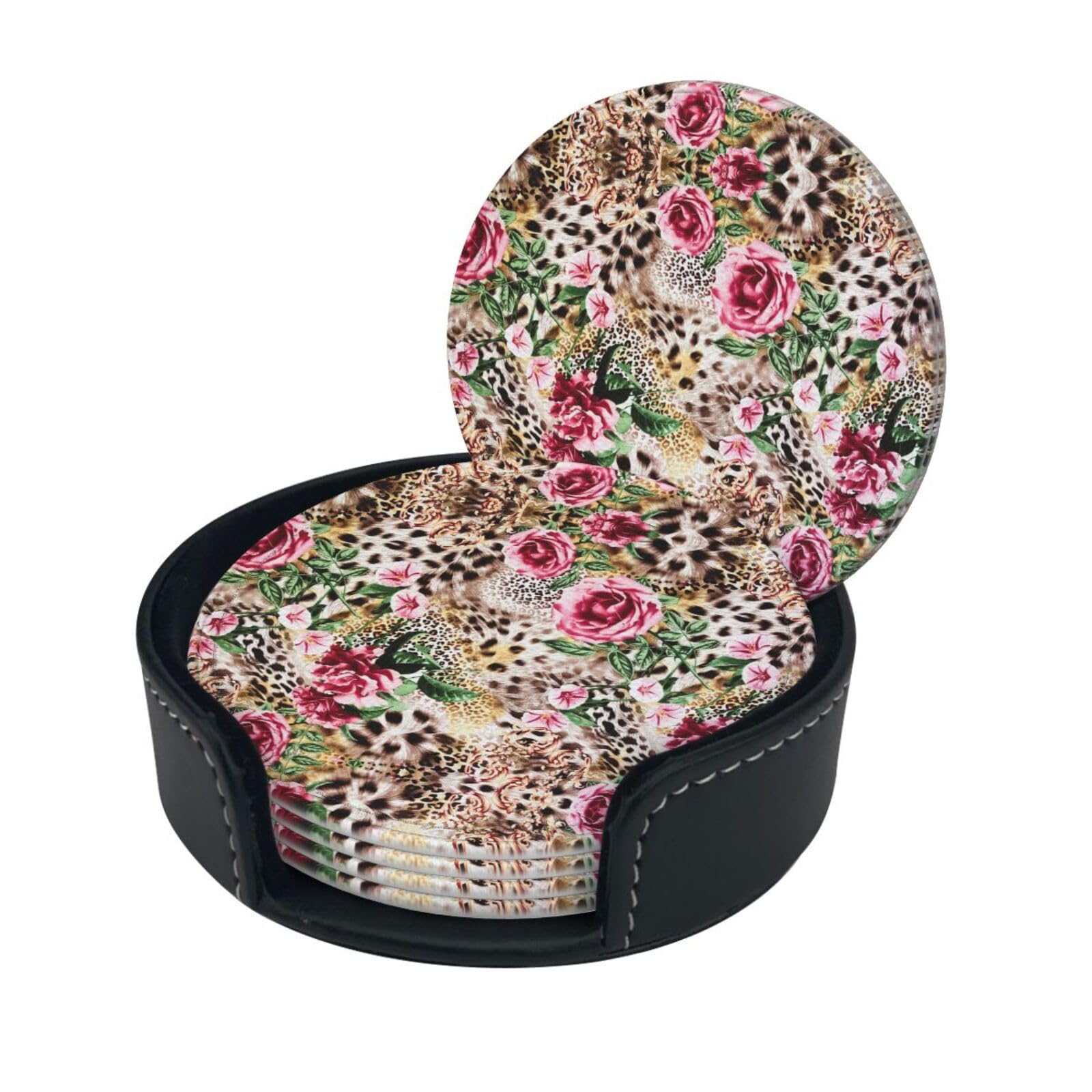 Animal Tiger Leopard Print Rose Flower Print Round Leather Coasters - Set Of 6, Ultra-Fiber Pu Leather