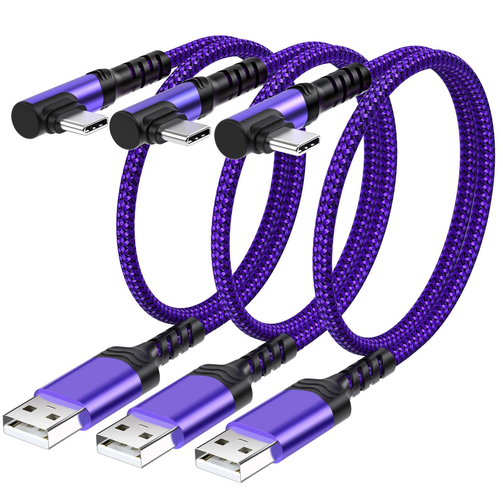Agtray Short USB Type C Cable, 3-Pack 3A USB C Fast Charge Right Angle Plug Braided USB a to USB c 90 Degree L Shape Cord Compatible iPad Pro/Air/Mini, Samsung Galaxy S22/S20/S21 Note 20/10 - Purple×3