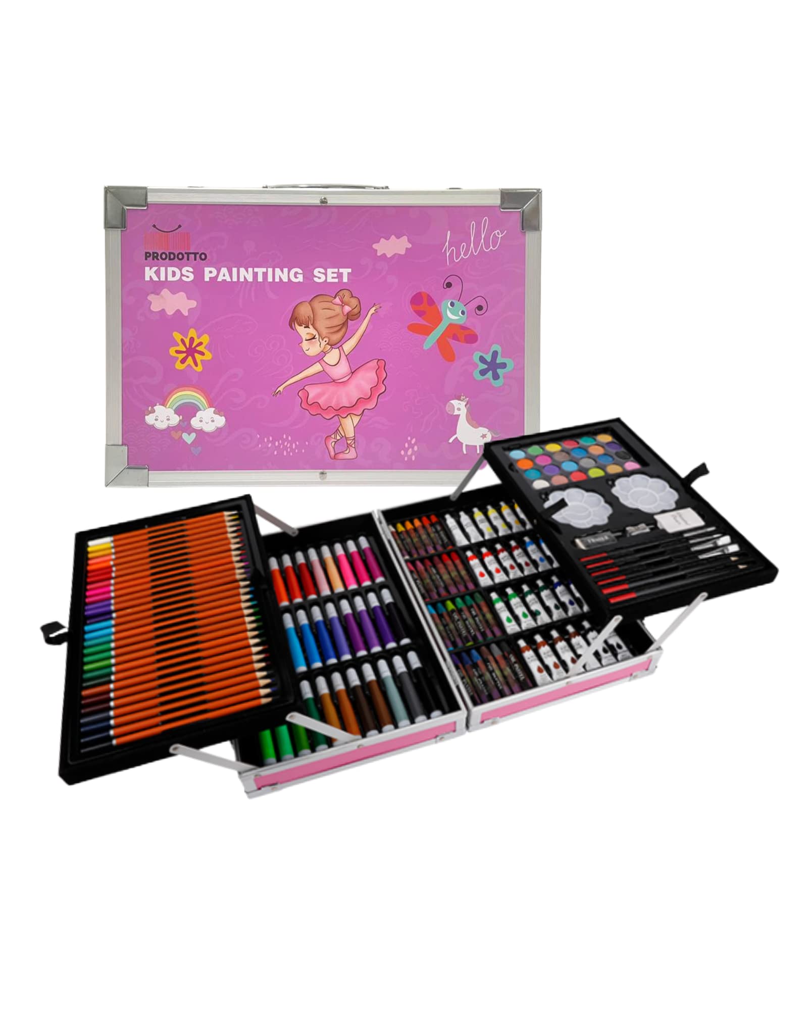 PRODOTTO ART SET 145PCS Colourful ALL-IN-ONE Painting and Art Set with Coloured Pencils, Markers, Acrylic & Watercolour Paints, Oil Pastels, HB Pencils, Watercolour Cake for Teens and Adults (Pink)