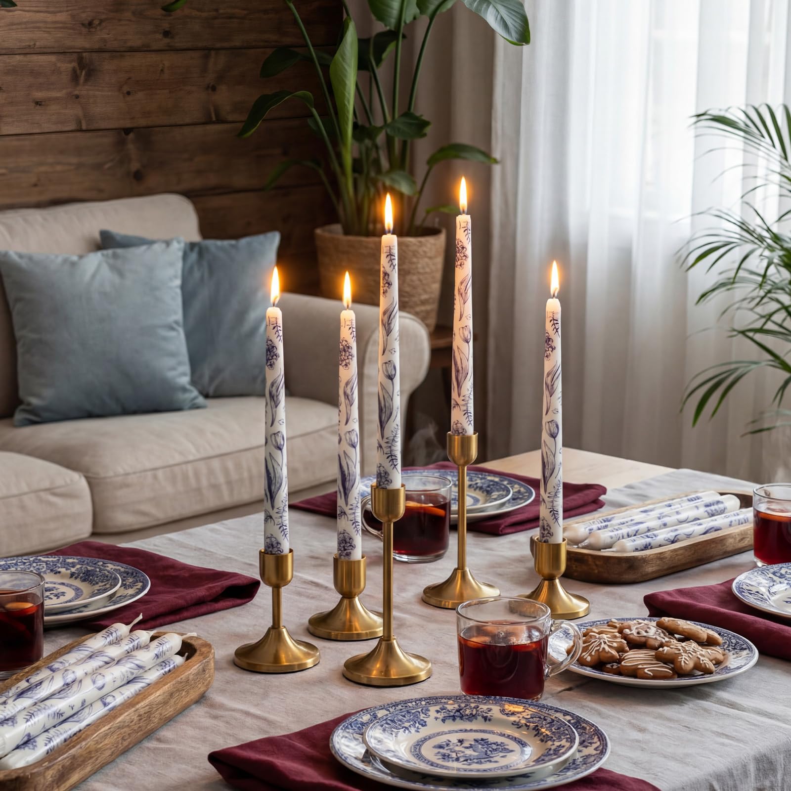 Conelist 12 candele floreali lunghe in porcellana blu e bianca, 24 cm, candele affusolate senza fumo, non profumate, regalo per Natale, matrimonio, casa, cene, decorazioni per feste
