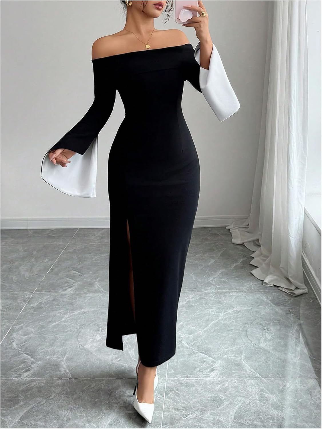 GORGLITTER Women's Off The Shoulder Maxi Dress Elegant Long Sleeve Birthday Prom Cocktail Formal Party Holiday Dresses