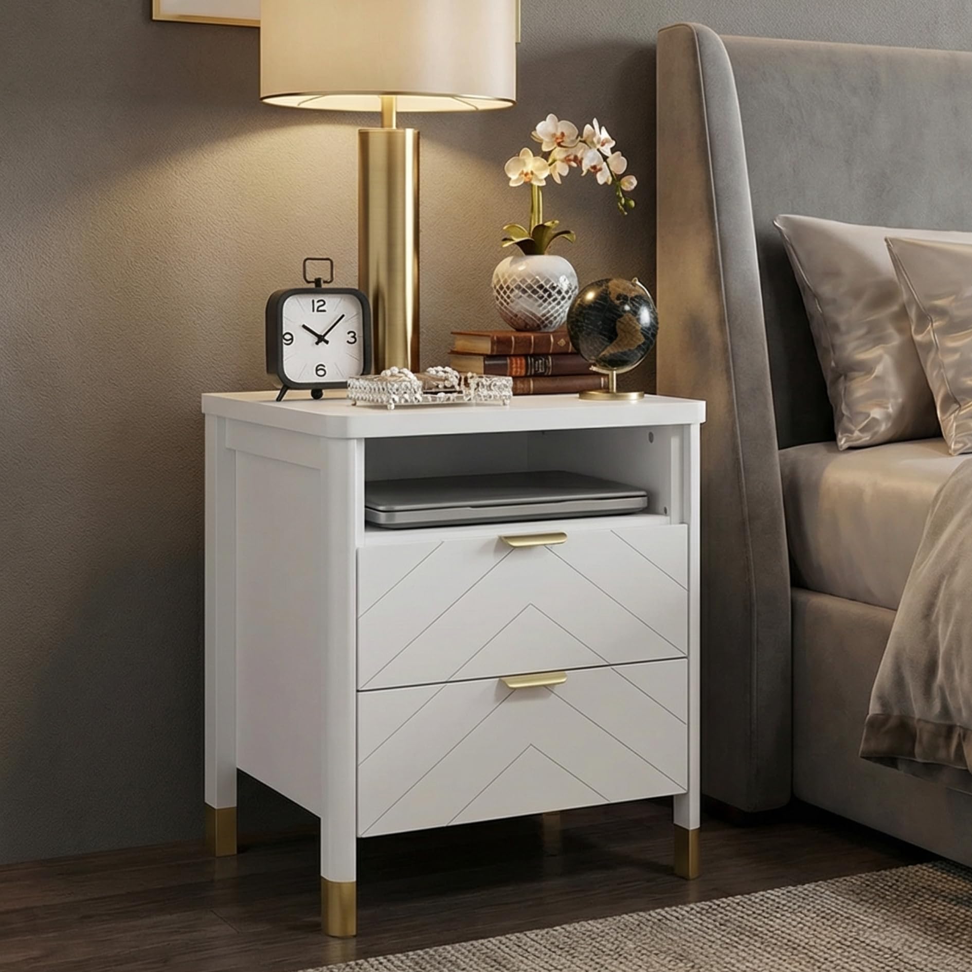 elisa home luna 2 drawer nightstand, bedside table with storage drawers, night stand for bedroom, end table or side table for living room, 15.5" d x 18.9" w x 23.8" h, white/gold