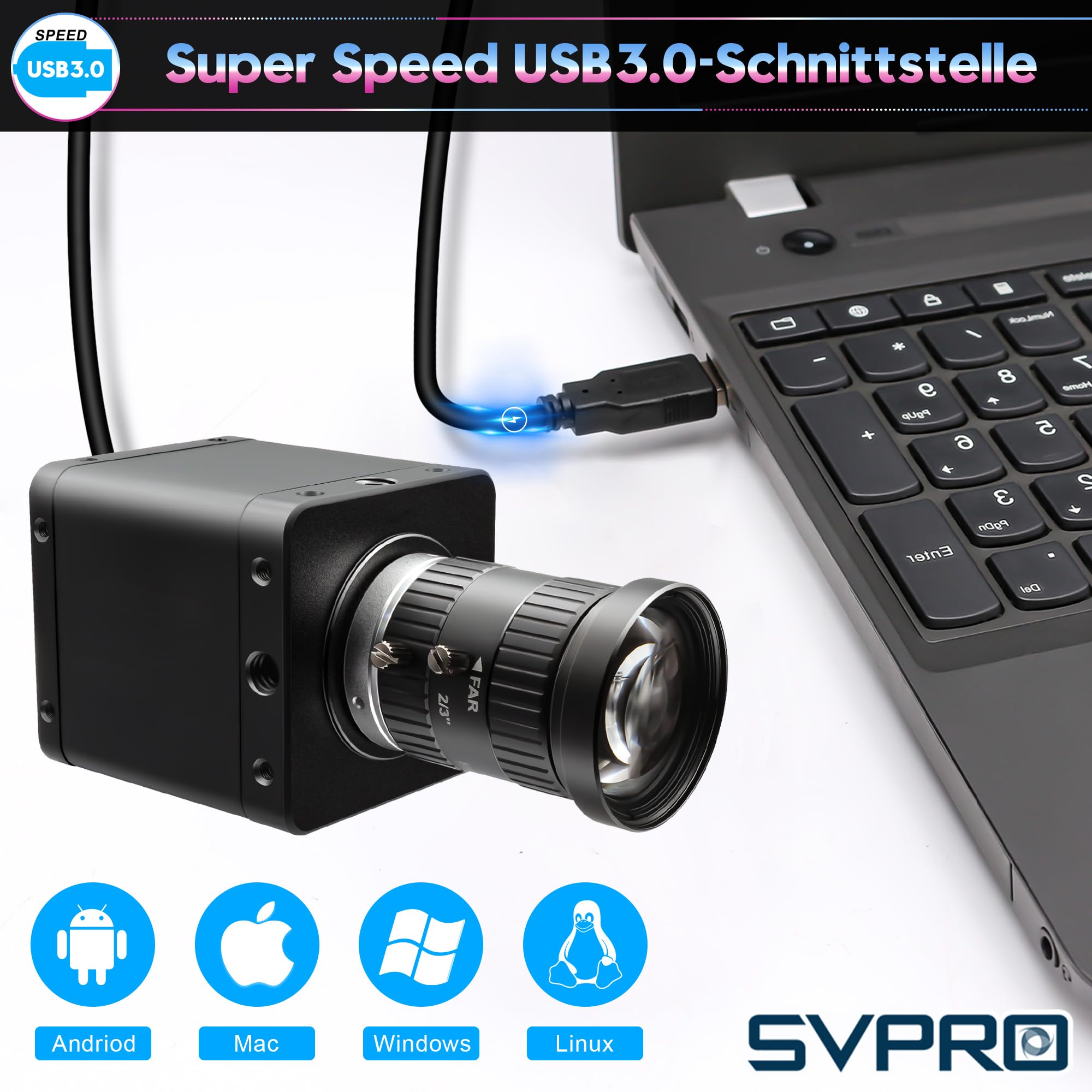 Svpro Fotocamera industriale 4K 60fps, USB 3.0 e HDMI Dual Output, obiettivo manuale CS-Mount da 8 mm, IMX678 Low Light UVC Webcam per microscopia e visione a macchina