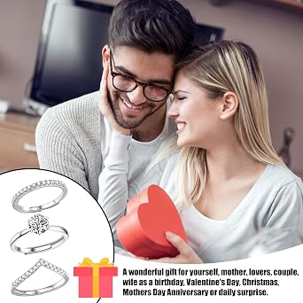 3Pcs Sterling Silver Rings for Women, Adjustable 925 Sterling Silver Rings Women, Stackable Ring with Small Diamond Line, V-Line and 1 Carat Diamond Ring, Elegant Jewellery Gifts for Womens
