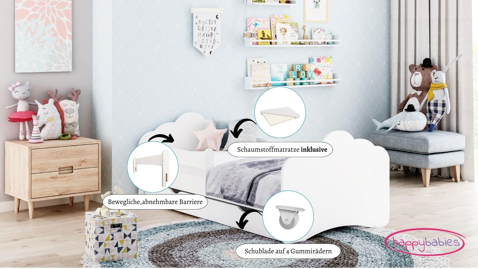 Happy Babies MOBI – Cuna de 160 x 80 cm, con protección anticaída y cajón, cama juvenil con pegatinas de colores, cuna con colchón de 80 x 160 cm, cama infantil para niñas y niños WIESS (M13)