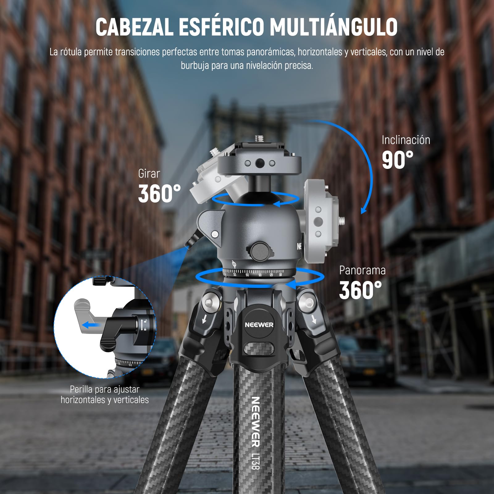 NEEWER LITETRIP LT38 - Trípode de Viaje para cámara de 61 Pulgadas, Soporte portátil de Fibra de Carbono, rótula de Bola de 360°, Placa de liberación rápida Tipo Arca Compatible con Peak Design Clip