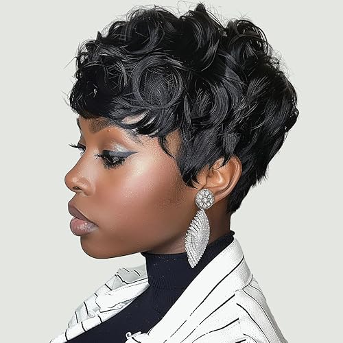 Miniatura 6 de Peluca de corte Pixie para mujeres negras, pelucas cortas sintéticas para mujeres negras, peluca negra natural en capas con flequillo, pelucas de