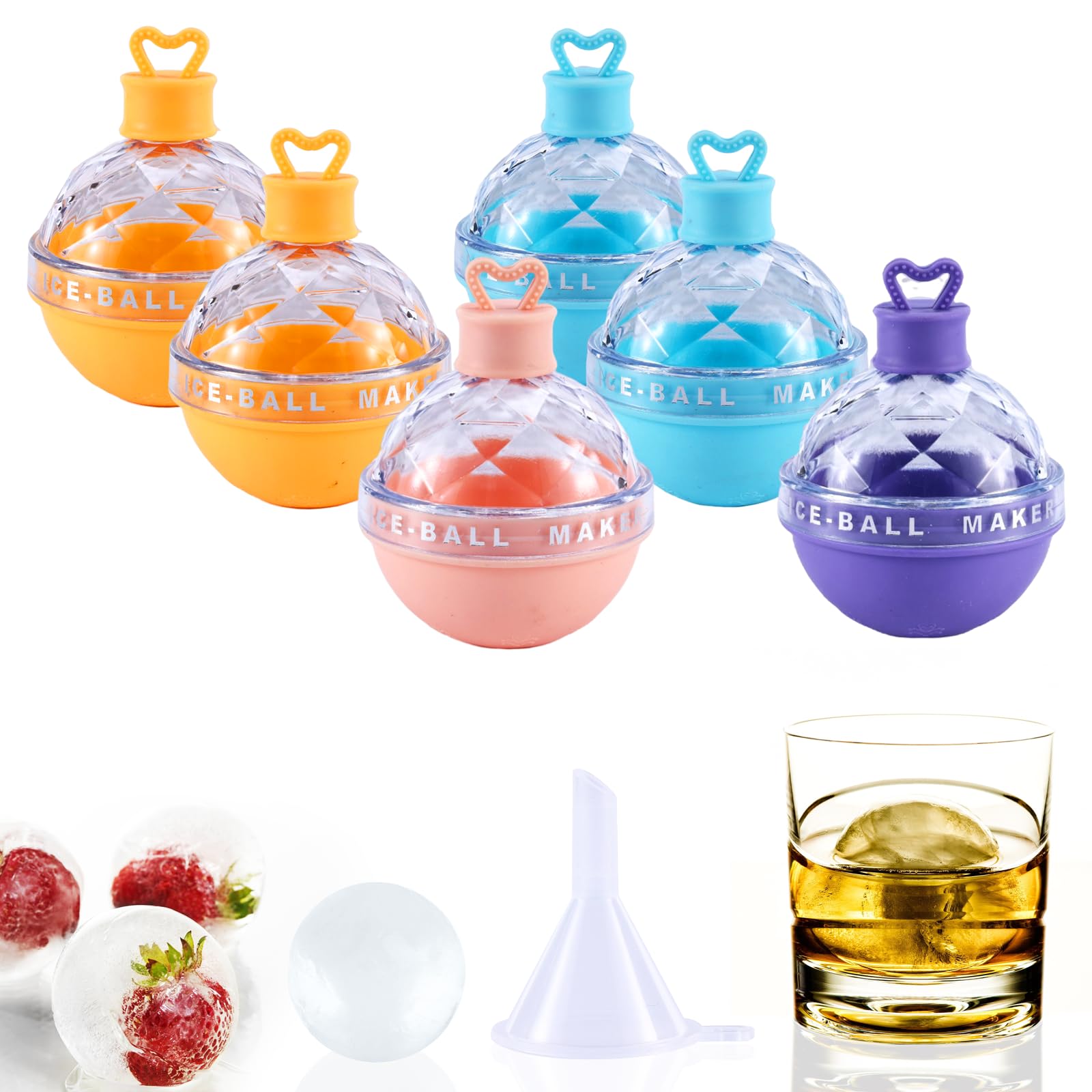 MLRYH Ice Ball Maker, 6 Pack Candy Color Ice Ball Maker Mold, Round Silicone Ice Cube Mold, 2.5 Inch Ice Ball Mould for Whiskey, Cocktails, Bourbon and Drinks