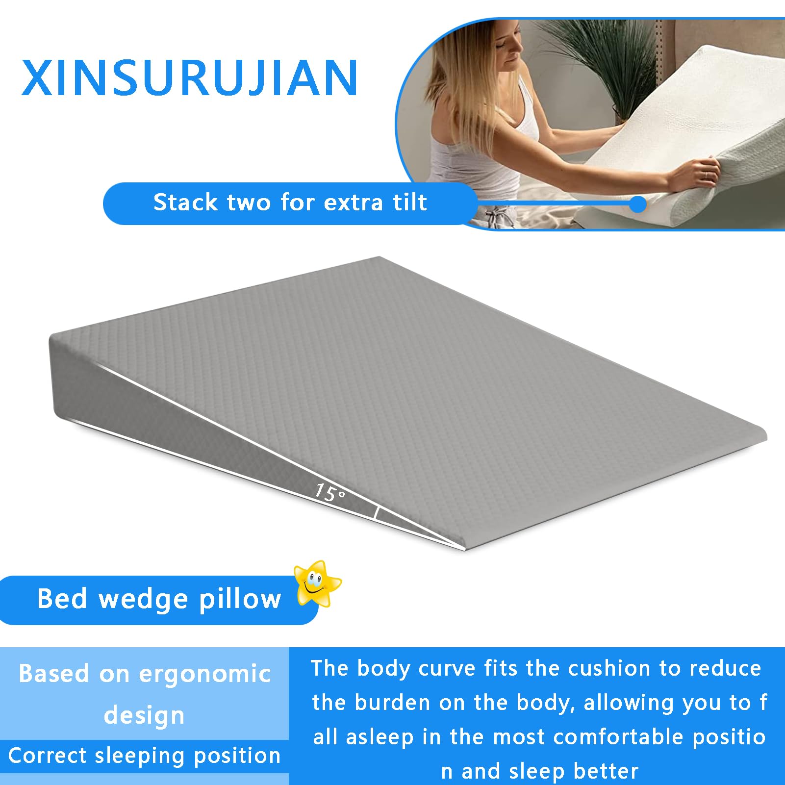Almohada de cuña para cama, cinturón de espuma triangular para rodilla, pierna pequeña, lectura, maternidad (gris)
