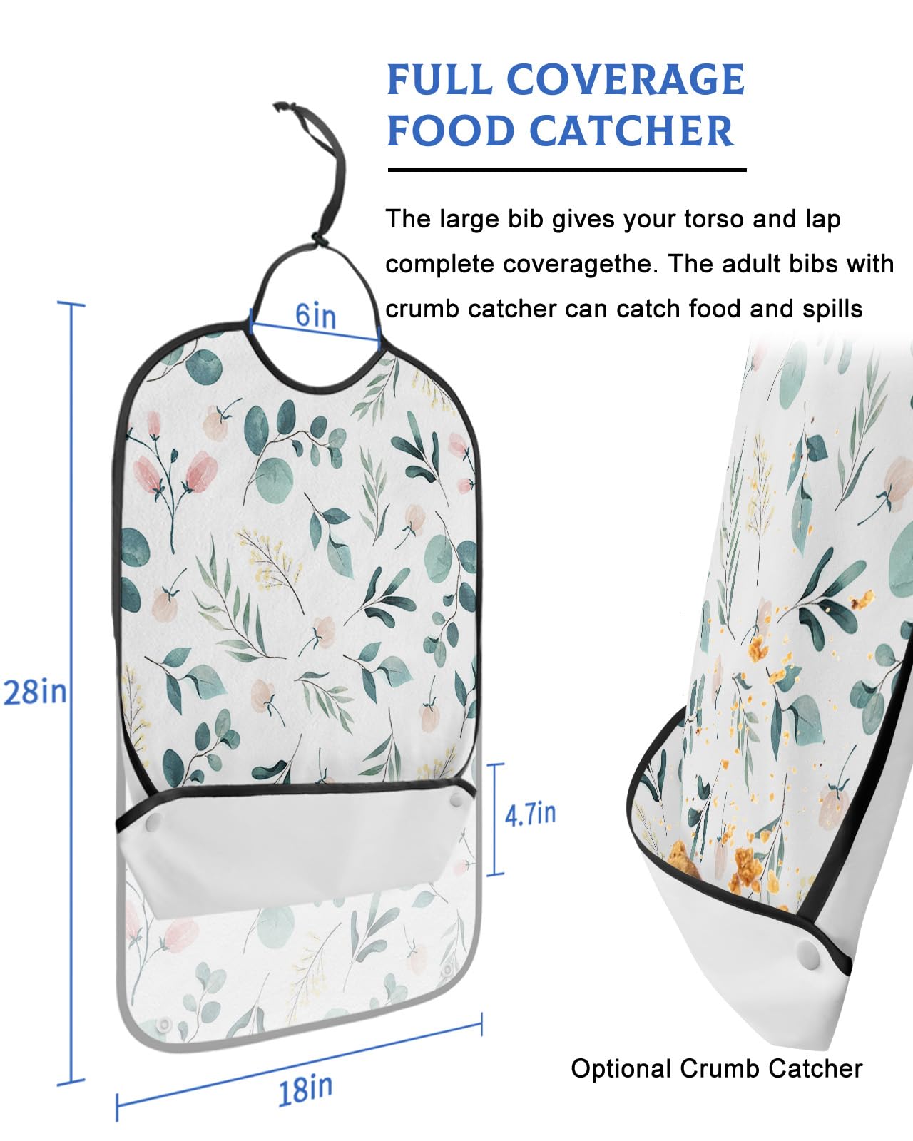 LEOKOTI Teal Pink Yellow Botanical Adult Bibs for Eating, Waterproof Bibs with Food Catcher & Adjustable Snap Closure, Spring Floral Summer Washable Clothing Protectors Adult Bibs for Elderly