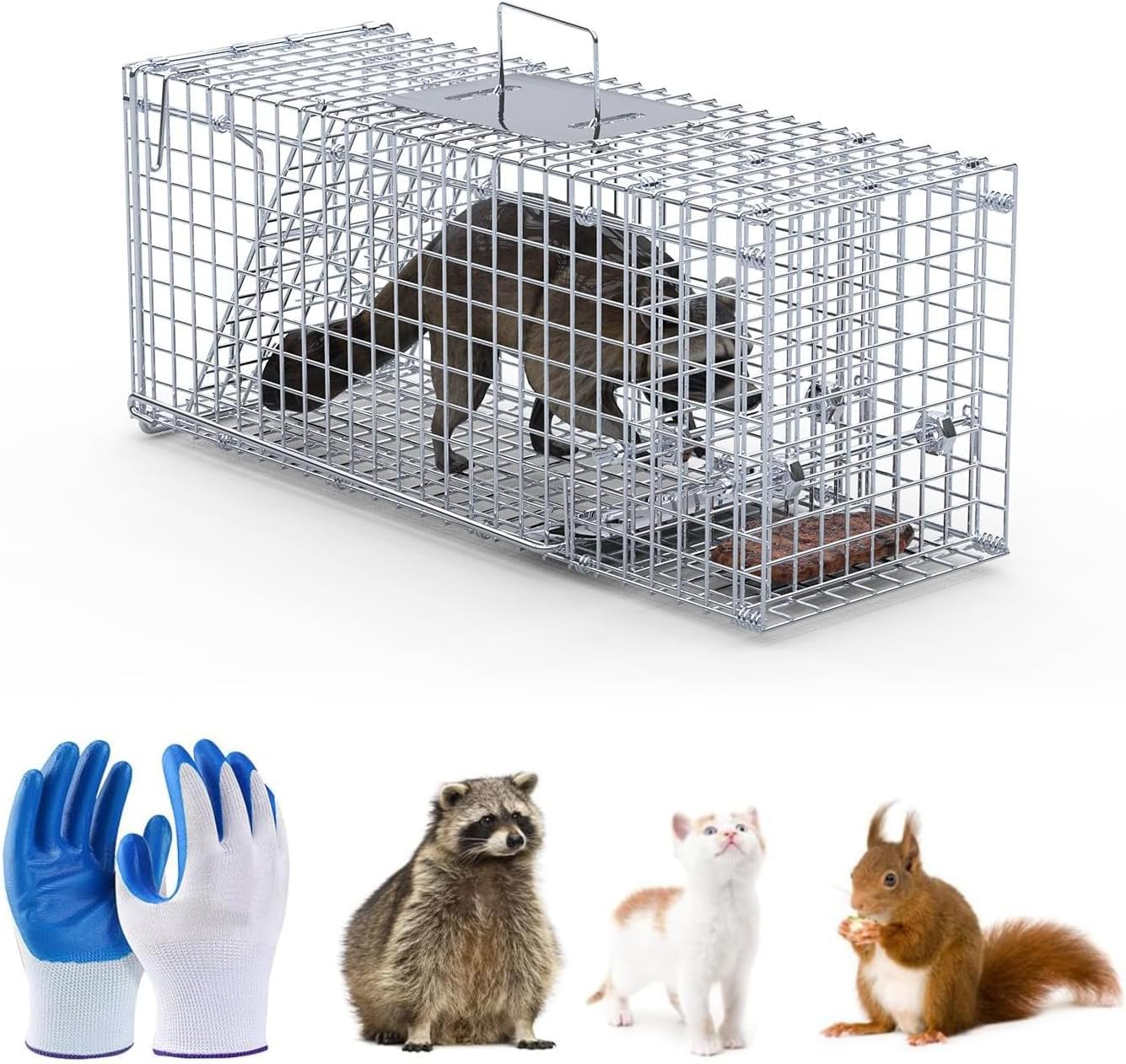 26" Live Animal Cage Trap, Heavy Duty Folding Raccoon Traps with 1x Pair of Gloves, Humane Cat Trap Galvanized Steel Animal Live Trap Cage for Raccoons Beavers Groundhogs Foxes Armadillos 25.59" x 9.05" x 9.84"