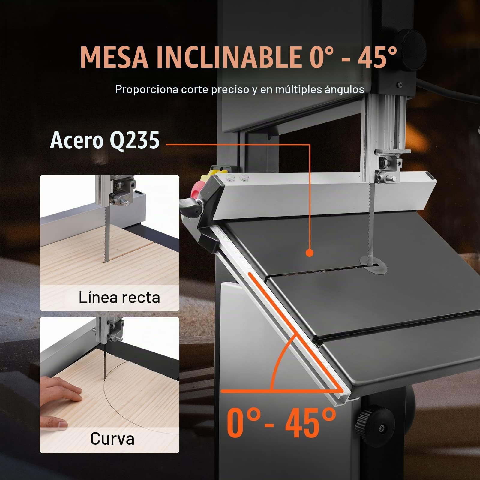 VEVOR 370 W Sierra de Cinta con Soporte de Mesa de Dos Velocidades de 506 RPM/920 RPM con Guía y Calibre de Inglete, Ancho de Garganta 245 mm, Altura de Corte de 160 mm para Carpintería, Aluminio