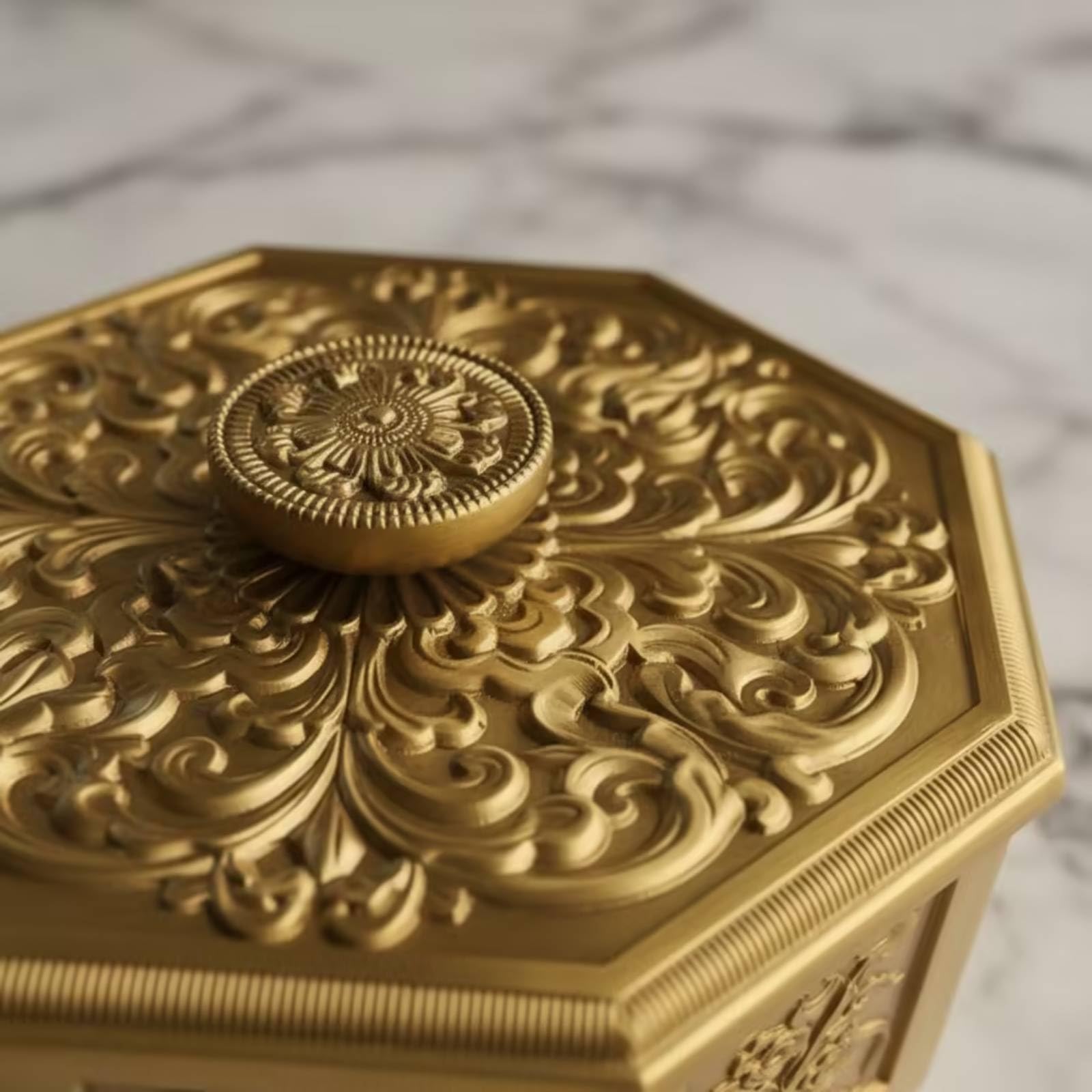 Schmuckdose Schmuckkästchen Aufbewahrungsbox Deko Dose Messing mit Deckel Achteckig mit Relief Blumen Detailreich für Schmuck Kleinigkeiten Bonbons